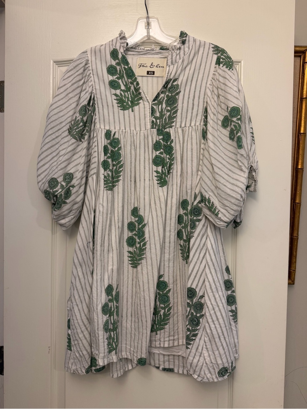 Fox and Hen Block Print Green White Striped Mini Dress with Green Floral